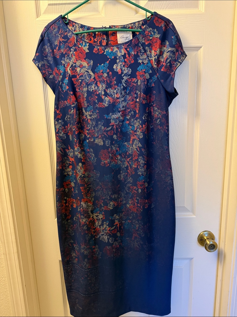 Beige by ECI Navy Blue & Red Floral Sheath Dress Cap Sleeve Sz 12